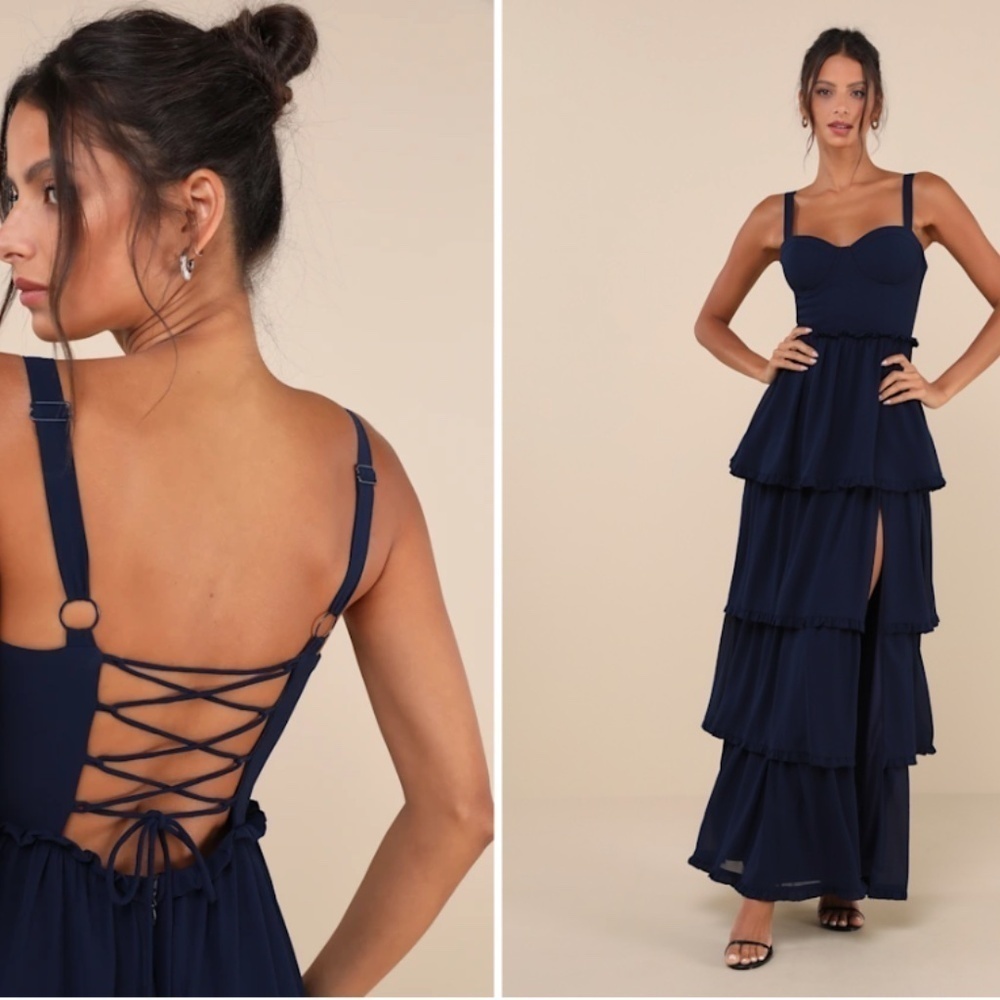 LULU's Sexy Prom Special Event Wedding Flowy Chiffon Corset Tie Back Maxi Dress - Picture 2 of 5
